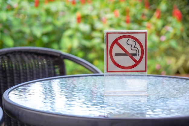 Signo de no fumar en una cafetería y el parque