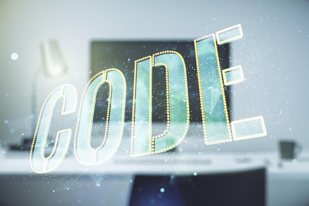 Signo de palabra de código creativo en el concepto de desarrollo de software internacional de fondo de computadora moderna Multiexposición