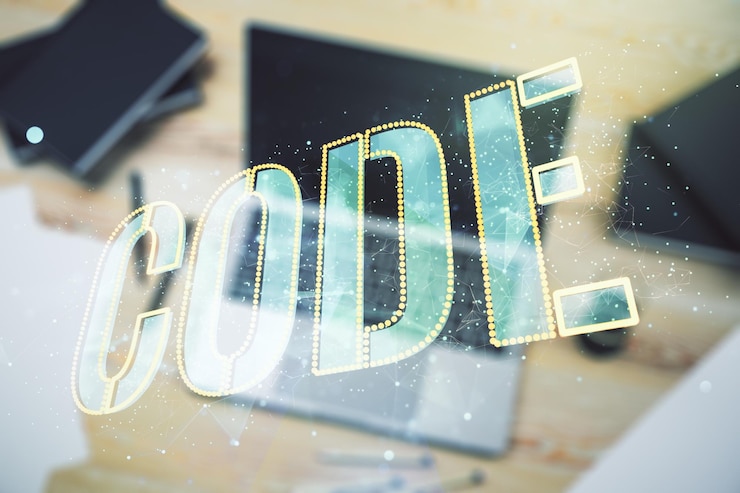Foto signo de palabra de código creativo en el concepto de desarrollo de software internacional de fondo de computadora moderna multiexposición