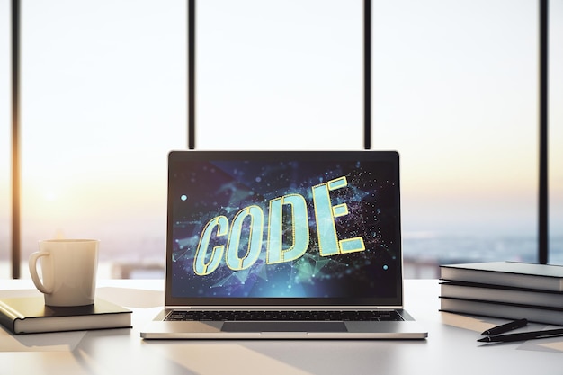 Signo de palabra de código creativo en el concepto de desarrollo de software internacional de monitor de computadora moderna Representación 3D