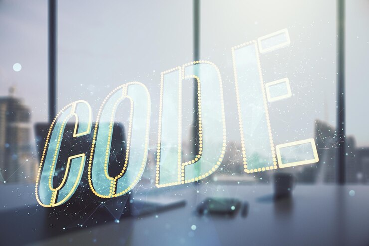Foto signo de palabra de código creativo y escritorio moderno con pc en el concepto de desarrollo de software internacional de fondo multiexposición