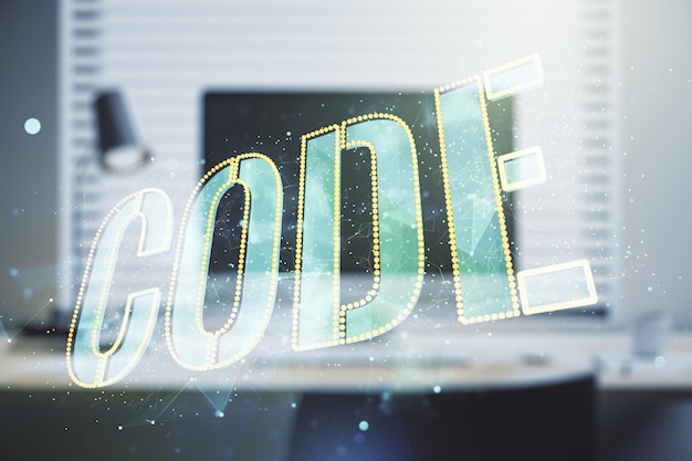 Signo de palabra de código creativo en el fondo de la computadora moderna concepto internacional de desarrollo de software multiexposición