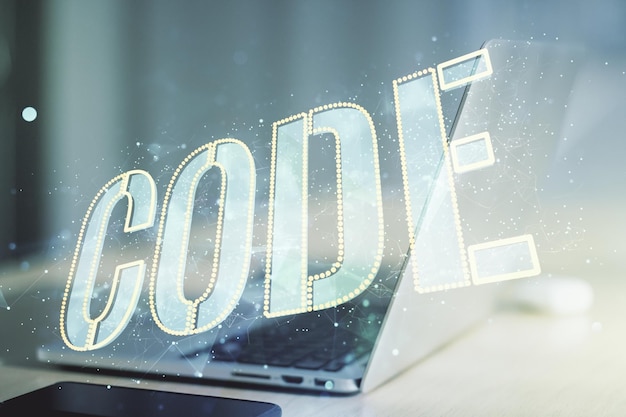 Signo de palabra de código creativo en el fondo de la computadora moderna concepto internacional de desarrollo de software multiexposición