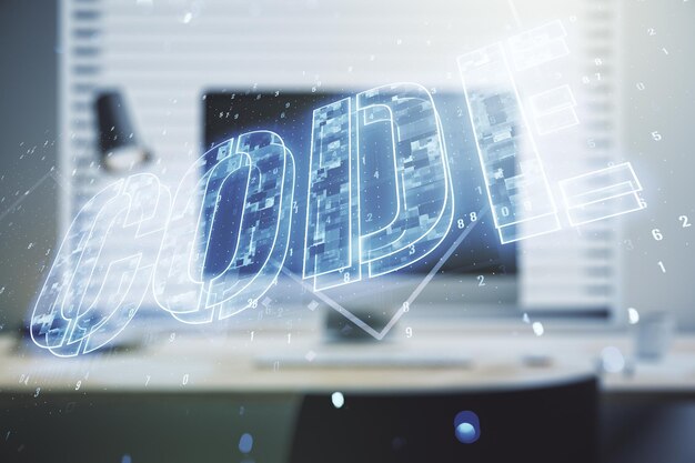Signo de palabra de código creativo en el fondo de la computadora moderna concepto internacional de desarrollo de software multiexposición