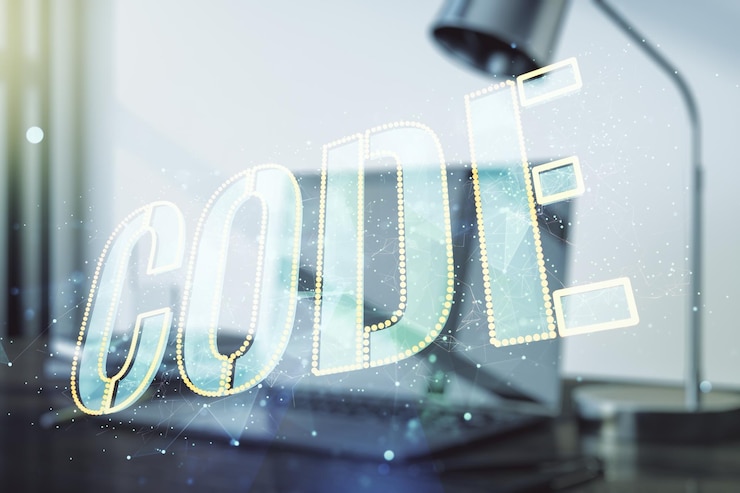 Foto signo de palabra de código creativo en el fondo de la computadora moderna concepto internacional de desarrollo de software multiexposición