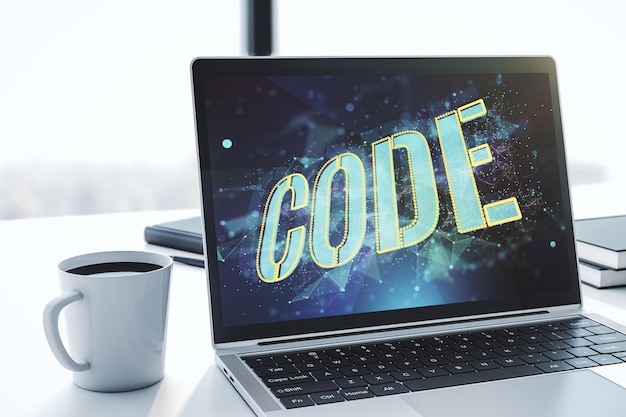 Signo de palabra de código creativo en el monitor de computadora moderno concepto internacional de desarrollo de software 3D Rendering