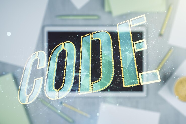 Foto signo de palabra de código creativo y tableta digital moderna en el escritorio en el fondo vista superior concepto internacional de desarrollo de software multiexposición