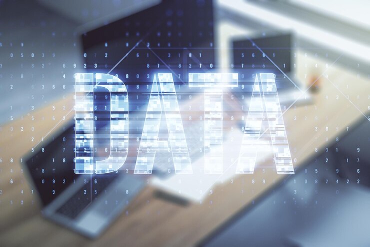 Foto signo de palabra de datos creativos y escritorio moderno con computadora en el fondo multiexposición
