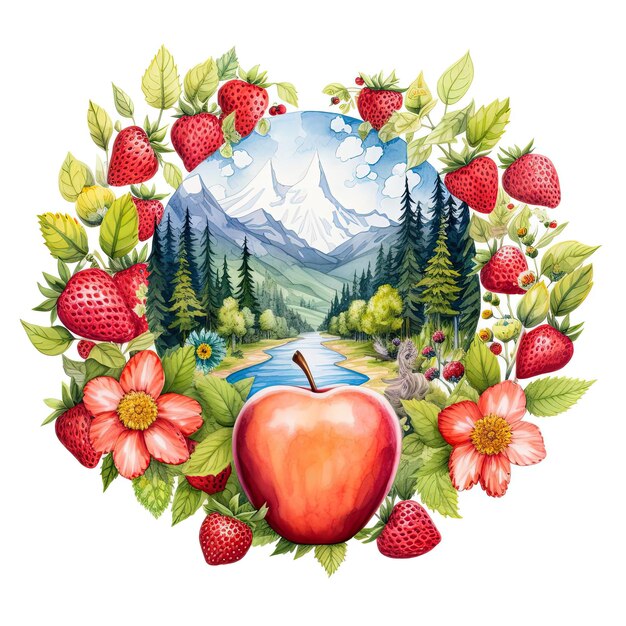 un signo de paz acuarela con fresas y manzanas al estilo de los nativos americanos