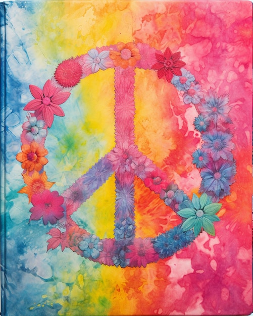 Foto un signo de paz de colores brillantes con flores y mariposas en un fondo de tinte de corbata generativo ai