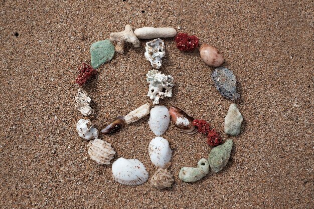 Signo de la paz hecho con conchas en la playa del océano