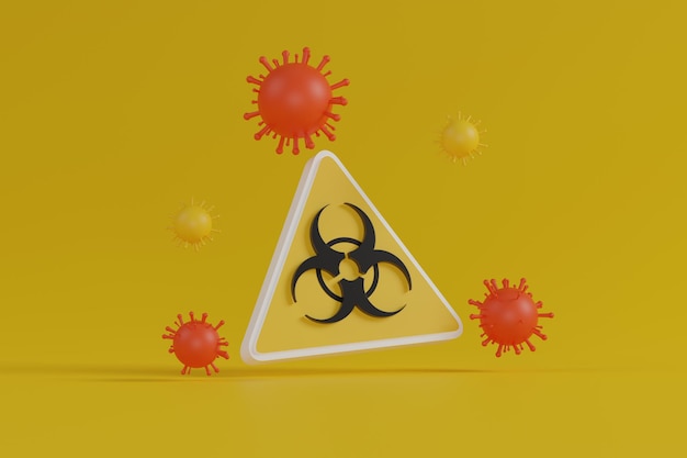 Signo de peligro biológico de renderizado 3D con virus sobre fondo amarillo