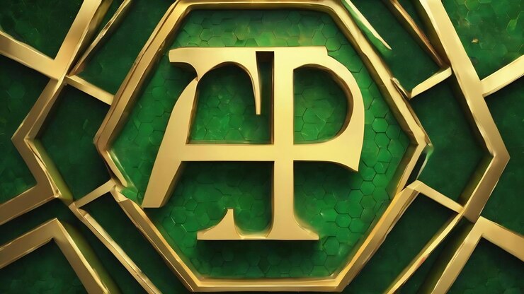 Foto el signo phi, la letra phi, el símbolo del alfabeto griego, el hexágono verde.