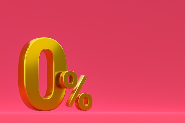 Signo de porcentaje cero y descuento de venta sobre fondo rosa con tasa de oferta especial. Representación 3d