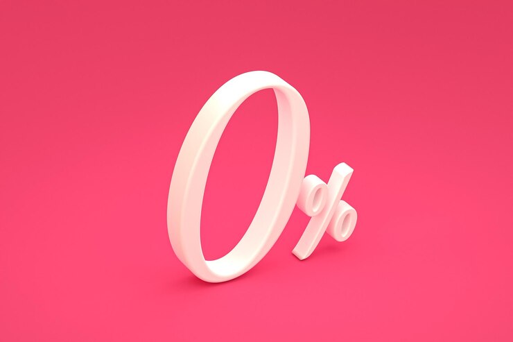 Signo de porcentaje cero y descuento de venta sobre fondo rosa con tasa de oferta especial. representación 3d
