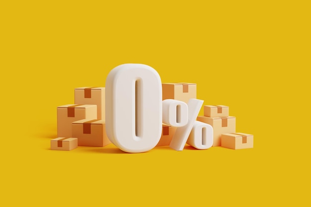 Signo de porcentaje con un montón de cajas en el fondo Fondo amarillo Ilustración 3D