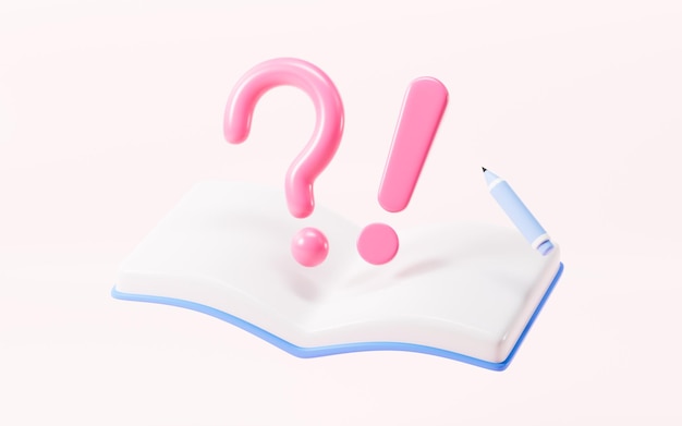 Signo de pregunta y libro pensar en un problema encontrar la respuesta renderización 3D