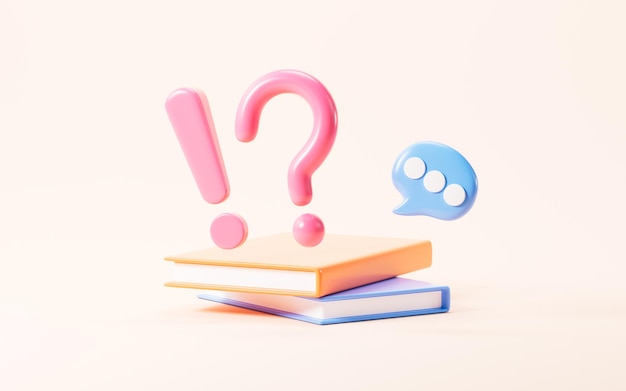 Signo de pregunta y libro pensar en un problema encontrar la respuesta renderización 3D