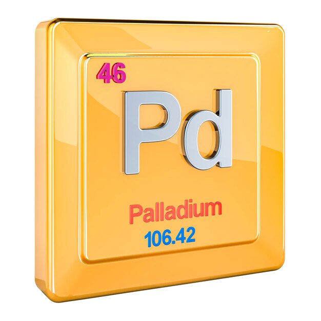 El signo químico del elemento paladio Pd con el número 46 en la tabla periódica renderización 3D