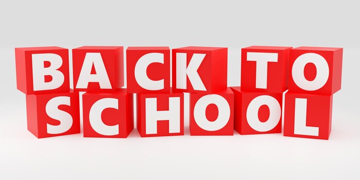 Foto signo rojo brillante de regreso a la escuela en cubos rojos minimal concept 3d render ilustración