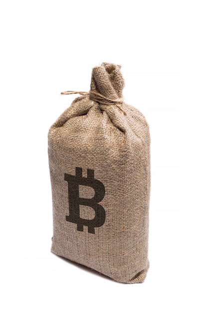 Foto signo y símbolo de la criptomoneda bitcoin en una bolsa gruesa