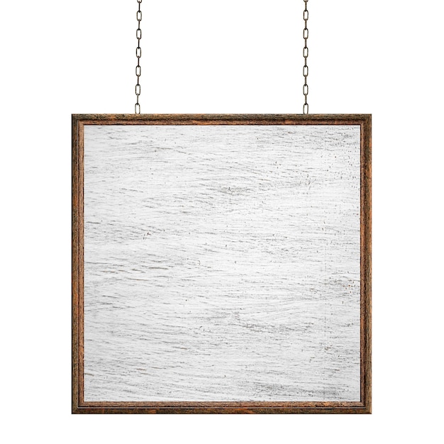 Signo sucio vacío de madera colgado en cadenas de hierro marco cuadrado con madera blanca