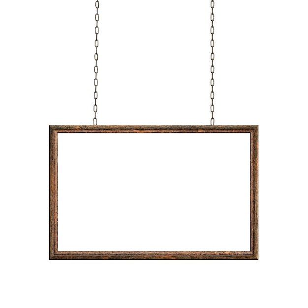 Signo sucio vacío de madera colgado en cadenas de hierro marco rectangular con blanco