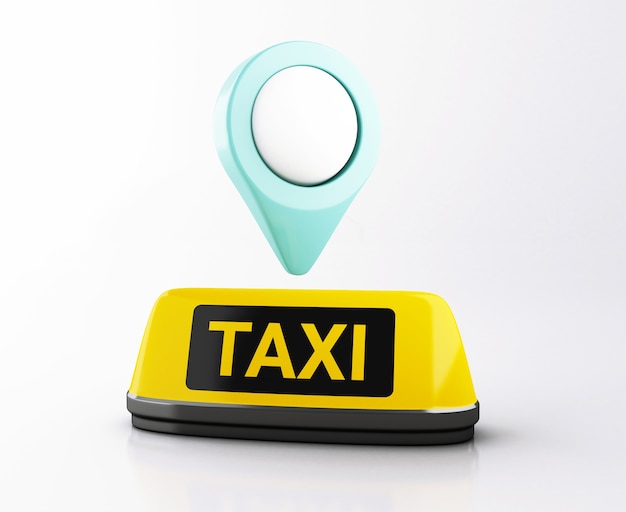 Foto signo de taxi amarillo 3d y puntero del mapa. solicitud de taxi en línea.