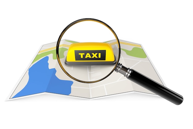 Signo de taxi con lupa sobre mapa sobre un fondo blanco.