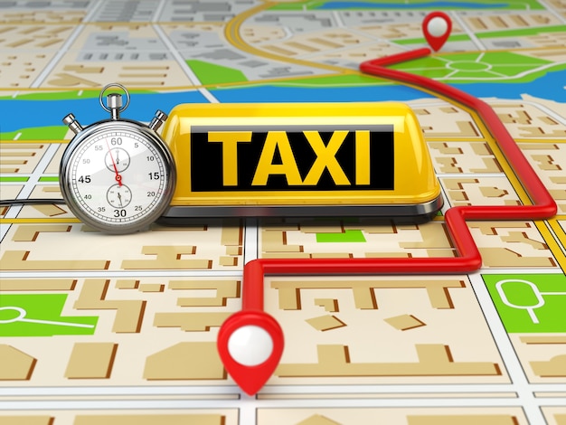 Foto signo de taxi en el mapa de la ciudad con cronómetro y ruta. concepto de servicio de taxi en línea. ilustración 3d