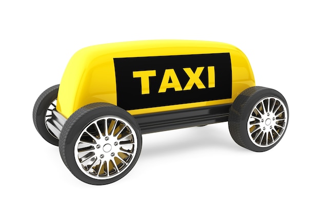 Signo de taxi sobre ruedas sobre un fondo blanco.