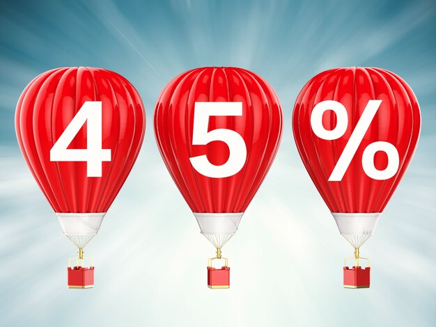 Signo de venta de 45% en globos aerostáticos rojos de representación 3D