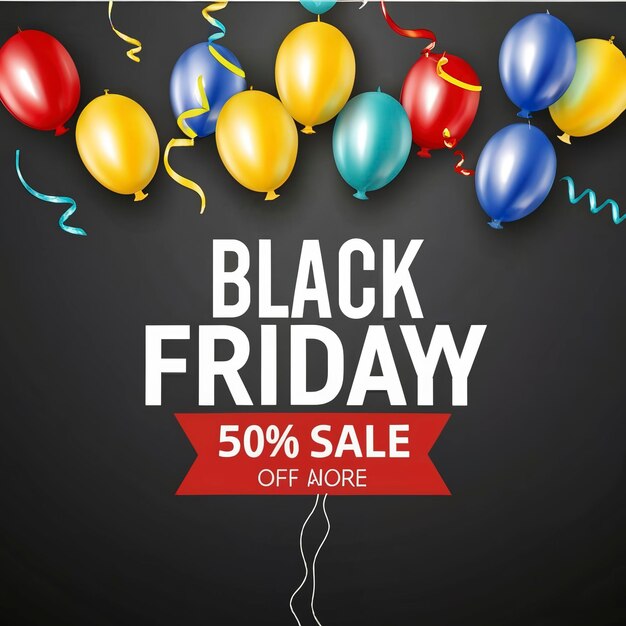 Signo de venta de etiquetas de Black Friday con globos sobre un fondo negro