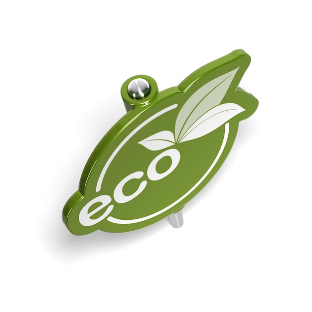 Signo verde ecológico, como chincheta, para mensaje ecológico sobre un fondo blanco.