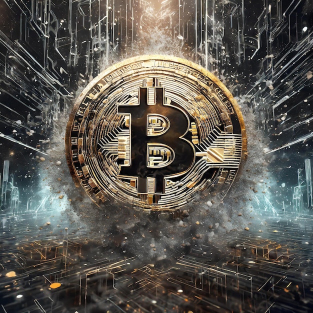 Foto signo virtual de bitcoin en un negro futurista