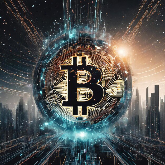 Foto signo virtual de bitcoin en un negro futurista