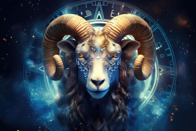 Signo zodiacal de la cabeza de aries con luz mágica en el horóscopo de la rueda de estrellas Generative Ai