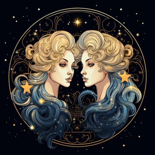 signo zodiacal de dos hermosas mujeres con cabello largo y estrellas ai generativa