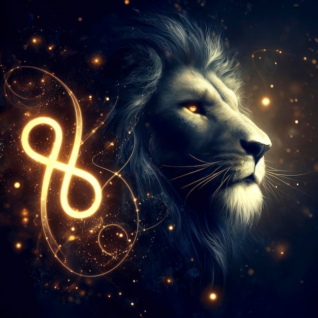 Signo zodiacal de leo cabeza de león fantasía luces oscuras horóscopo ai generativo