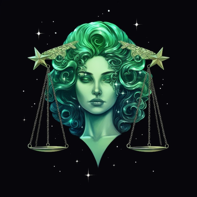 signo zodiacal de libra con cabello verde y estrellas ai generativa