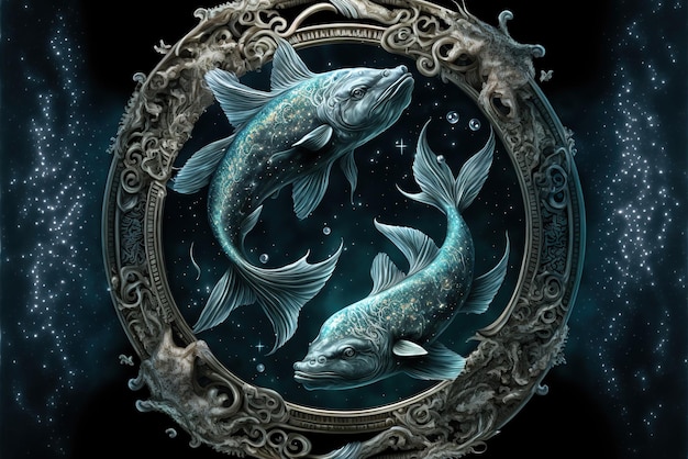 Signo zodiacal de los peces de fantasía de Piscis en la IA generativa de la rueda astrológica