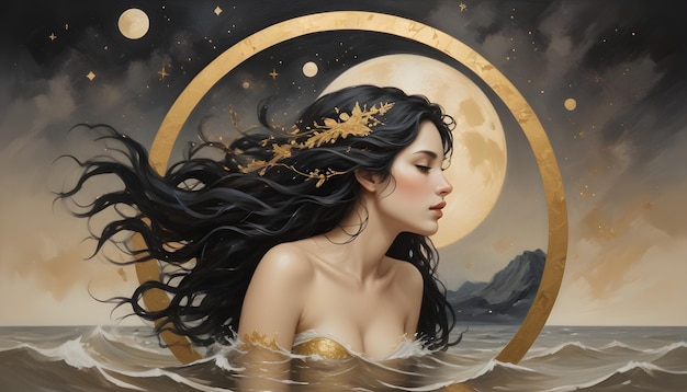 Signo del zodiaco de Acuario una pintura de una mujer en el agua con una corona de oro