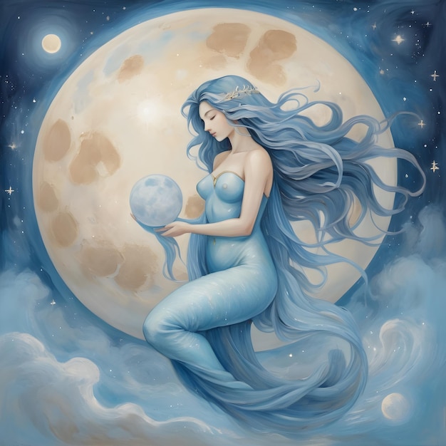 signo del zodiaco Acuario una pintura de una mujer con la luna en el fondo