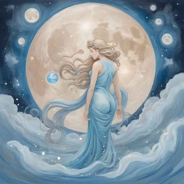 signo del zodiaco Acuario una pintura de una mujer con la luna en el fondo