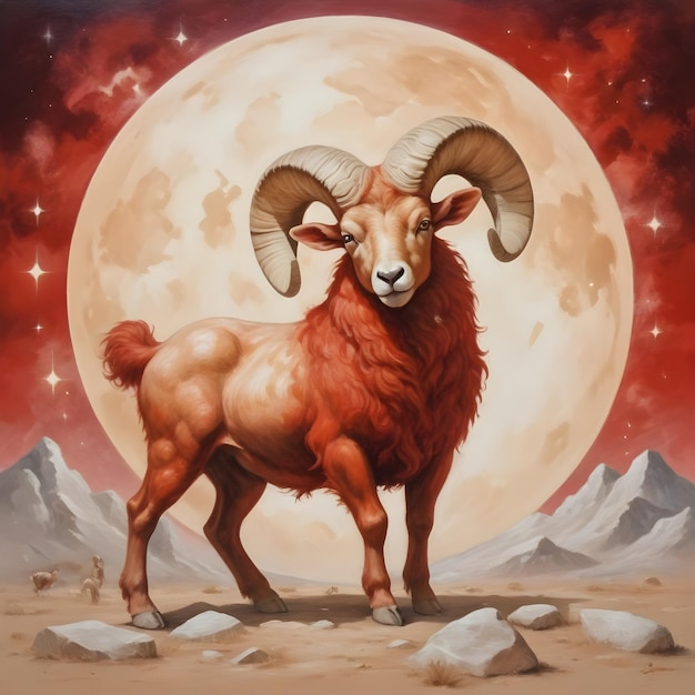 Signo del zodiaco Aries una cabra con cuernos está de pie frente a una luna llena