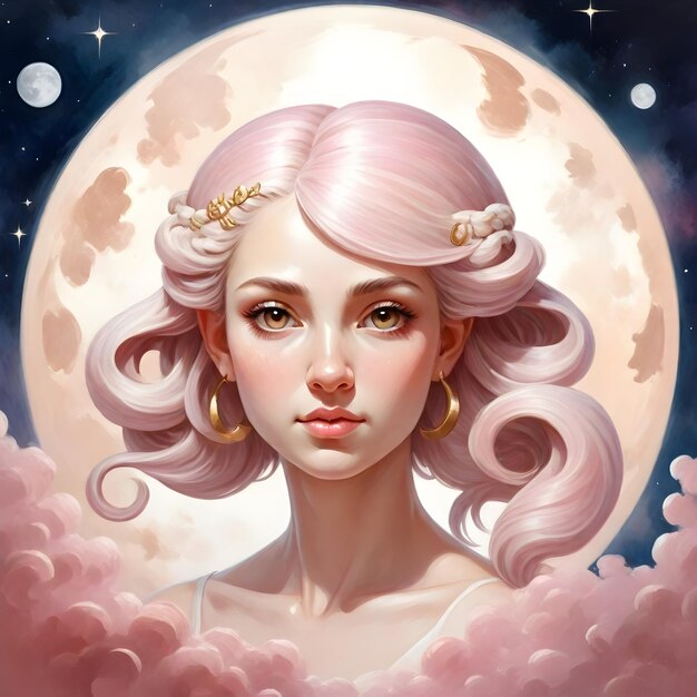 Signo del zodiaco Aries una chica con una luna rosada en el fondo