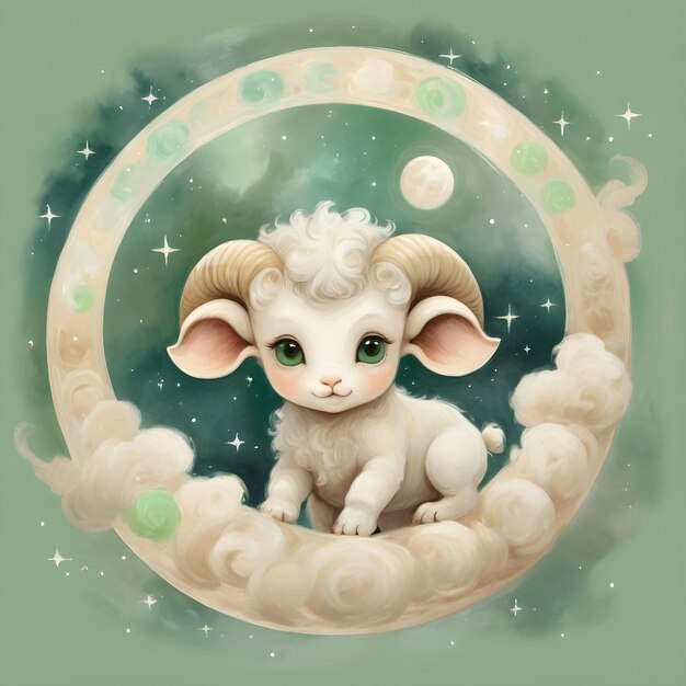 Foto signo del zodiaco aries un dibujo de un bebé aries con la luna detrás de él