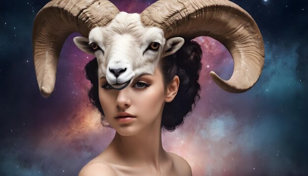 Signo del zodiaco Aries mujer hermosa con cuernos el fondo del universo