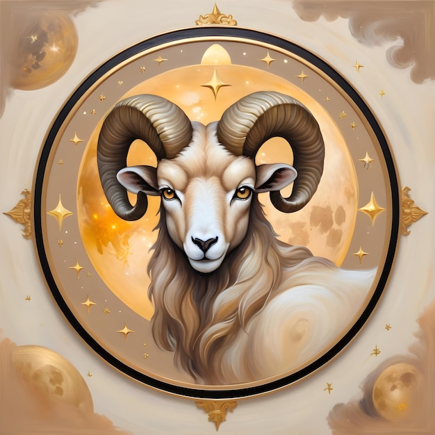 signo del zodiaco Aries una oveja con una cabeza dorada y la luna en el fondo