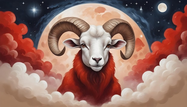 El signo del zodiaco Aries una oveja con una cara roja y cuernos se muestra con un fondo rojo